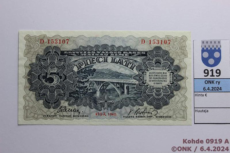 k-0919-a.jpg - Kohde 919 (kuva 1/2), lhthinta: 130 € / myyntihinta: 130 € Latvia 5 lati 1940 P#34b D 153107 Tabaks-Bastjanis, kunto: 9