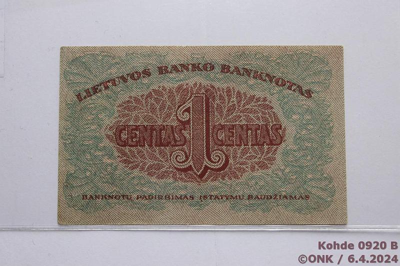 k-0920-b.jpg - Kohde 920 (kuva 2/2), lhthinta: 65 € / myyntihinta: 87 € Liettua 1 centas 1922 P#7a Serija O, pient rosoa ylreunassa, ei taitteita, kunto: 8