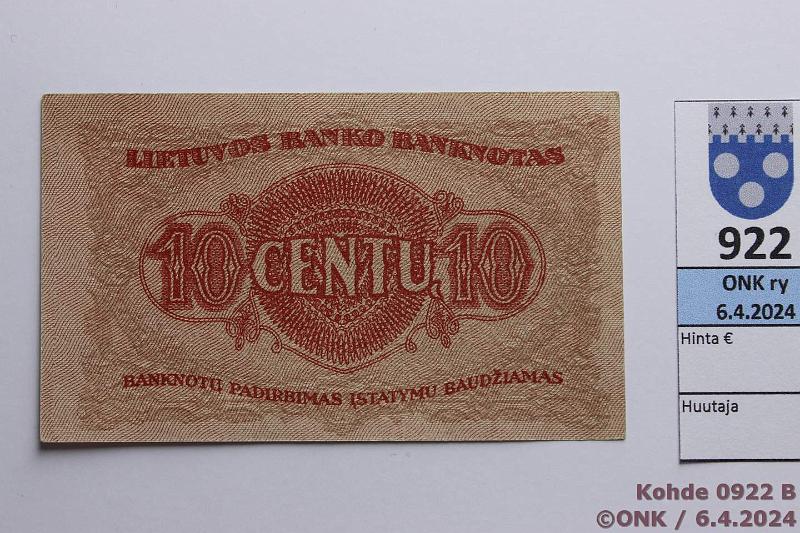 k-0922-b.jpg - Kohde 922 (kuva 2/2), lhthinta: 90 € / myyntihinta: 145 € Liettua 10 centu 1922 P#10a Serija T, kulmataite ja pieni rasvatahra, kunto: 8