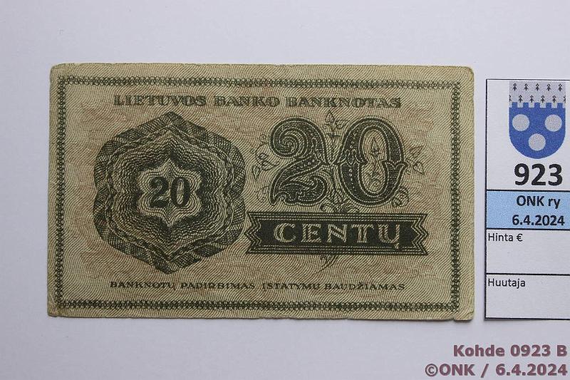 k-0923-b.jpg - Kohde 923 (kuva 2/2), lhthinta: 40 € / myyntihinta: 125 € Liettua 20 centu 1922 P#11a Serija N, eprep, kunto: 4