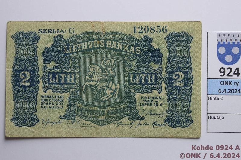 k-0924-a.jpg - Kohde 924 (kuva 1/2), lhthinta: 75 € / myyntihinta: 310 € Liettua 2 litas 1922 P#14a 120856, serija G, rep, kunto: 4