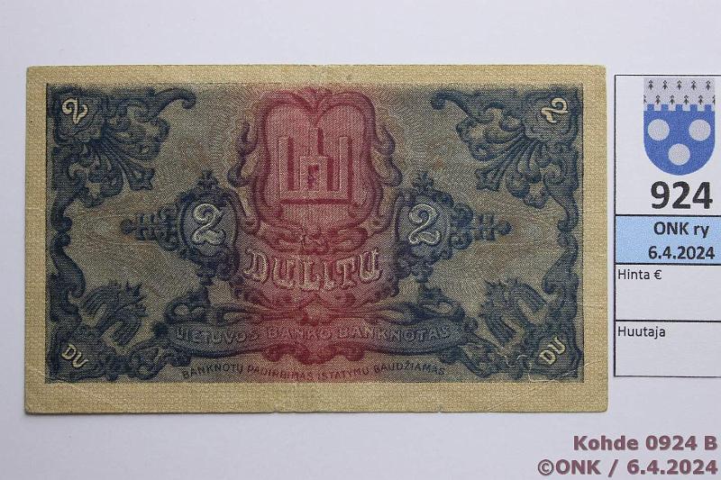 k-0924-b.jpg - Kohde 924 (kuva 2/2), lhthinta: 75 € / myyntihinta: 310 € Liettua 2 litas 1922 P#14a 120856, serija G, rep, kunto: 4