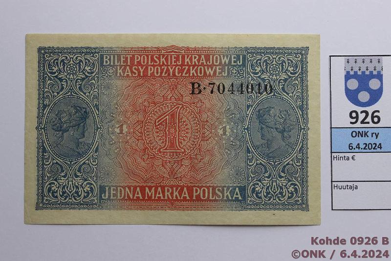 k-0926-b.jpg - Kohde 926 (kuva 2/2), lhthinta: 85 € / ei tarjouksia Puola 1 marka 1916/17 P#8 B 7044010, kunto: 9