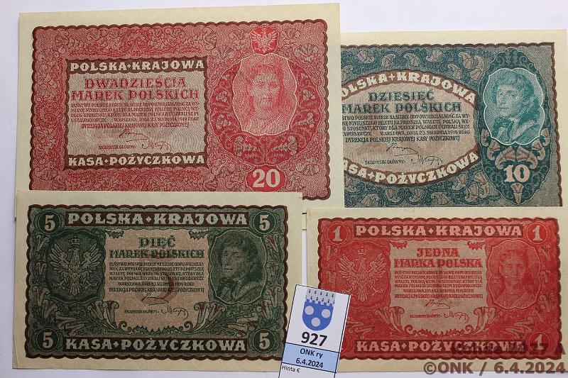 k-0927-a.jpg - Kohde 927, lhthinta: 35 € / myyntihinta: 35 € Puola 1, 5, 10, 20 marek 1919 P#23-26 (5mk painumia), kunto: 9