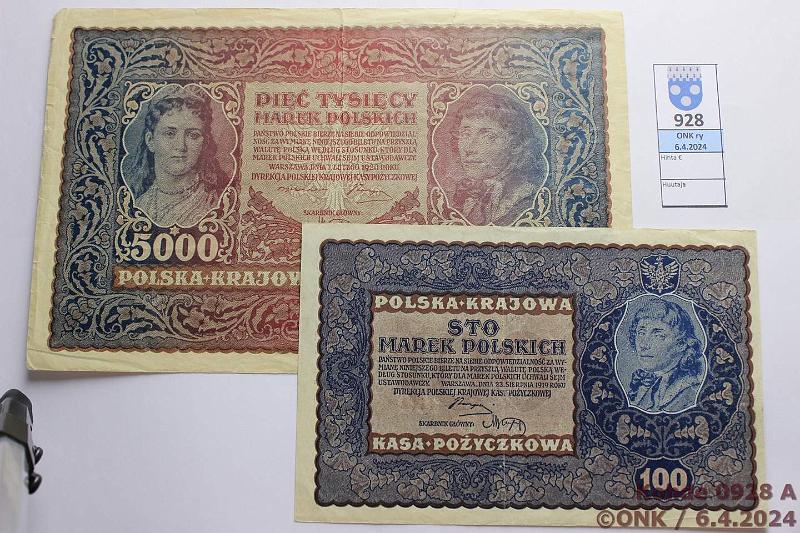 k-0928-a.jpg - Kohde 928 (kuva 1/3), lhthinta: 25 € / ei tarjouksia Puola 100, 500, 1000, 5000 marek 1920 P#27-29, 31, kunto: 4-7