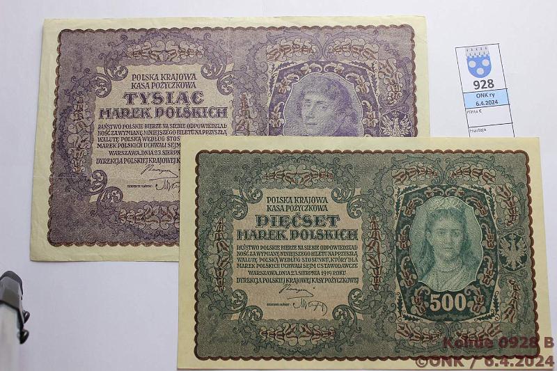 k-0928-b.jpg - Kohde 928 (kuva 2/3), lhthinta: 25 € / ei tarjouksia Puola 100, 500, 1000, 5000 marek 1920 P#27-29, 31, kunto: 4-7