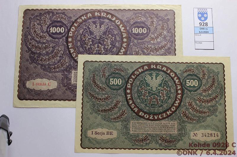 k-0928-c.jpg - Kohde 928 (kuva 3/3), lhthinta: 25 € / ei tarjouksia Puola 100, 500, 1000, 5000 marek 1920 P#27-29, 31, kunto: 4-7