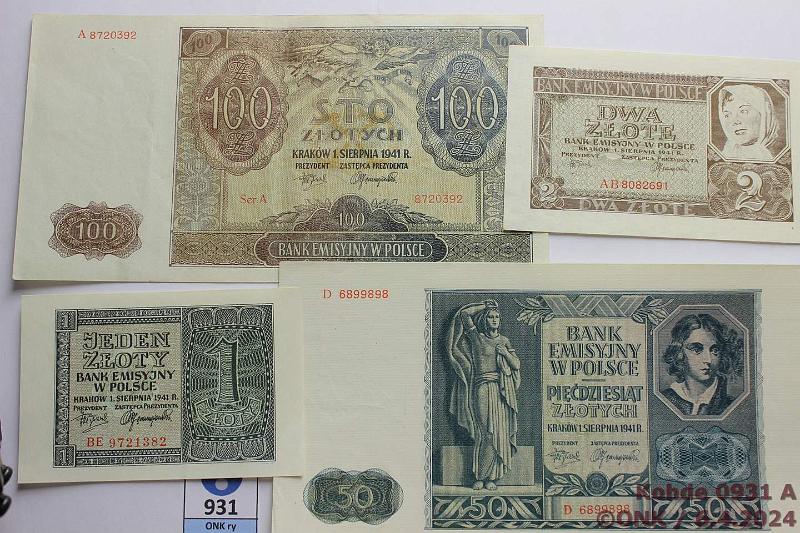 k-0931-a.jpg - Kohde 931 (kuva 1/2), lhthinta: 32 € / ei tarjouksia Puola 1, 2, 50, 100 zl 1941 P#99, 100, 102, 103, kunto: 7-9