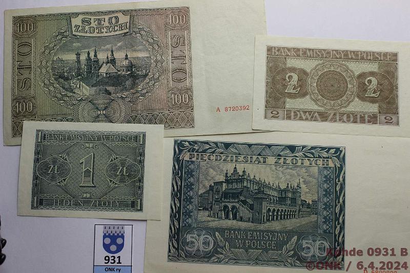 k-0931-b.jpg - Kohde 931 (kuva 2/2), lhthinta: 32 € / ei tarjouksia Puola 1, 2, 50, 100 zl 1941 P#99, 100, 102, 103, kunto: 7-9