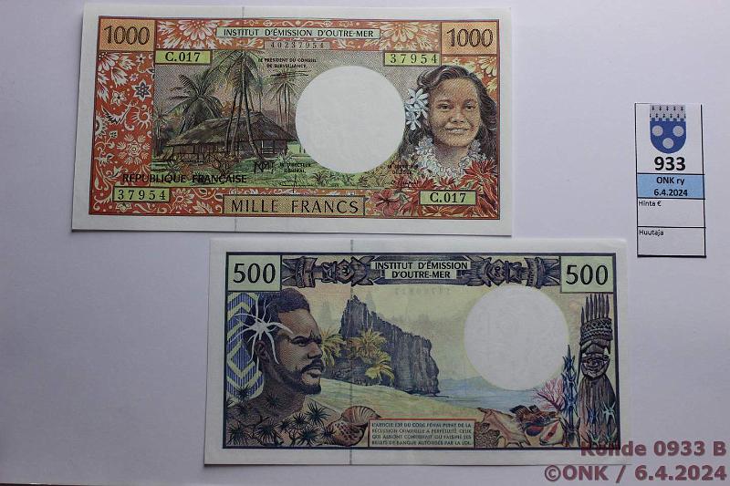 k-0933-b.jpg - Kohde 933 (kuva 2/2), lhthinta: 15 € / myyntihinta: 15 € Ranskan merentakaiset alueet 500 + 1000 fr ND(1992) P#1c, 2b French Pacific Territories, kunto: 7-8