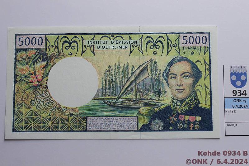 k-0934-b.jpg - Kohde 934 (kuva 2/2), lhthinta: 30 € / myyntihinta: 52 € Ranskan merentakaiset alueet 5000 fr ND(1992) P#3b French Pacific Territories, kunto: 6