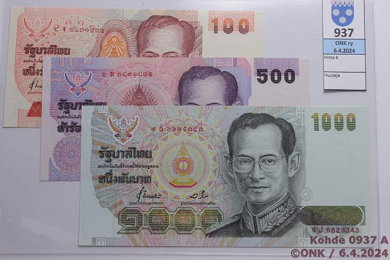 k-0937-a.jpg - Kohde 937 (kuva 1/2), lhthinta: 20 € / myyntihinta: 35 € Thaimaa 100, 500, 1000 b ND(1992-96) P#97, 103, 92, kunto: 9, 9, 7