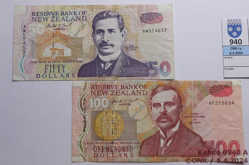 k-0940-a.jpg - Kohde 940 (kuva 1/2), lhthinta: 60 € / myyntihinta: 85 € Uusi-Seelanti 50 + 100 $ ND(1992) P#180, 181, kunto: 4