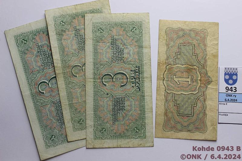 k-0943-b.jpg - Kohde 943 (kuva 2/2), lhthinta: 5 € / myyntihinta: 7 € Venj/NL 1 + 3 rpl (4) 1934, -38 Pick#208, 214 1r-34, tahroja; 3r-38(3), eri kirjainparit, kunto: 4-5