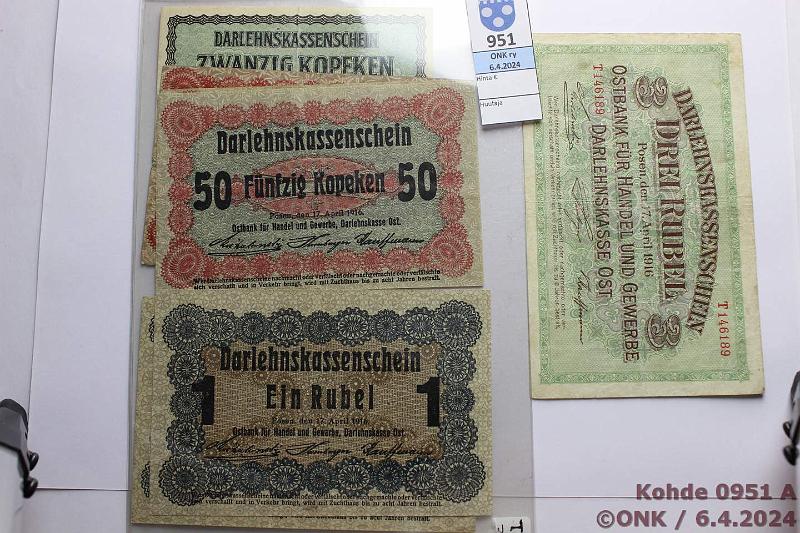 k-0951-a.jpg - Kohde 951 (kuva 1/2), lhthinta: 30 € / myyntihinta: 36 € Posen 20 k - 10 rpl (8) 1916 P#R120a, 121a, c, d, R122c, d, R123b, R124 Ostbank fr Handel und Gewerbe, Darlehnkasse Ost, Posen. 20 ja 50k(3), 1(2), 3 ja 10r(kl3), kunto: 3-8