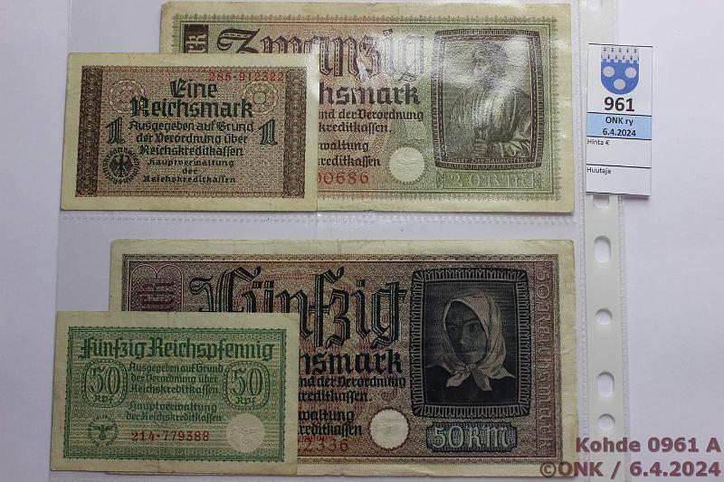 k-0961-a.jpg - Kohde 961 (kuva 1/3), lhthinta: 15 € / myyntihinta: 15 € Saksa 50 pf - 50 mk (6) 1940-45 Er Saksaa WW II kansiolehdell: 50pf, 1,2,3,20 ja 50mk, kunto: 3-5