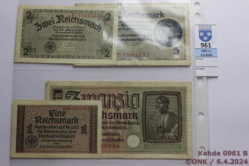 k-0961-b.jpg - Kohde 961 (kuva 2/3), lhthinta: 15 € / myyntihinta: 15 € Saksa 50 pf - 50 mk (6) 1940-45 Er Saksaa WW II kansiolehdell: 50pf, 1,2,3,20 ja 50mk, kunto: 3-5