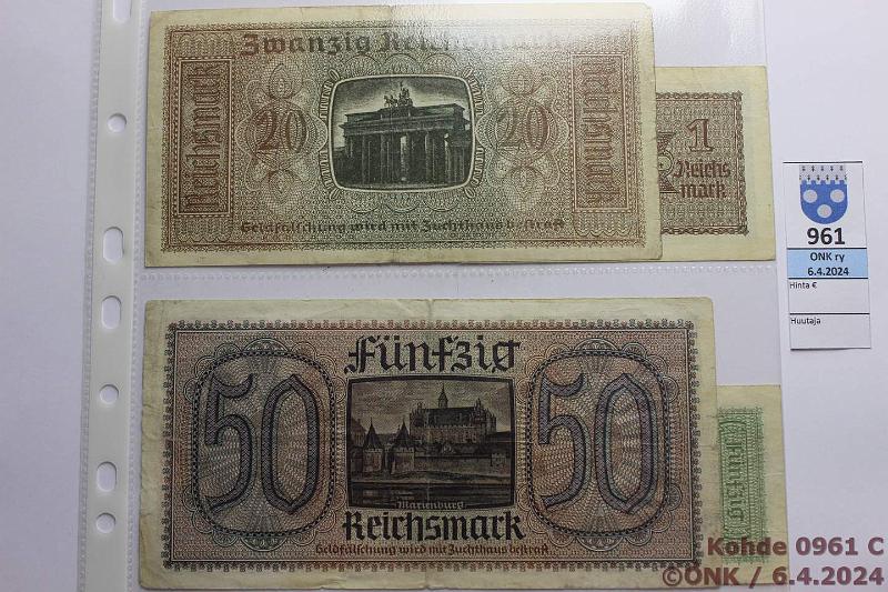 k-0961-c.jpg - Kohde 961 (kuva 3/3), lhthinta: 15 € / myyntihinta: 15 € Saksa 50 pf - 50 mk (6) 1940-45 Er Saksaa WW II kansiolehdell: 50pf, 1,2,3,20 ja 50mk, kunto: 3-5