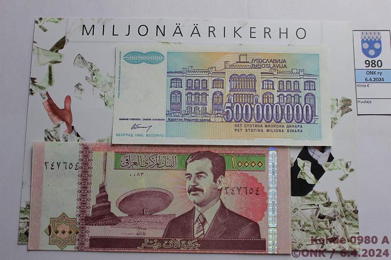 k-0980-a.jpg - Kohde 980 (kuva 1/3), lhthinta: 10 € / myyntihinta: 21 € Miljonrikerho (8) 1946-2002 Korkean nimellisarvon inflaatioseteleit: Unkari 1 bilj.p -46; Zaire 5milj.z -92; Jugoslavia 500milj.din -93; Bosnia&Herzegovina 5milj.din -93; Brasilia 100 000cr -93; Romania 50 000lei 2001; Irak 10 000din -02; Paraguay 10 000g -08. Unkari kl 5, muut kl 9-10. Monetan muovilehdill., kunto: 5, 9-10