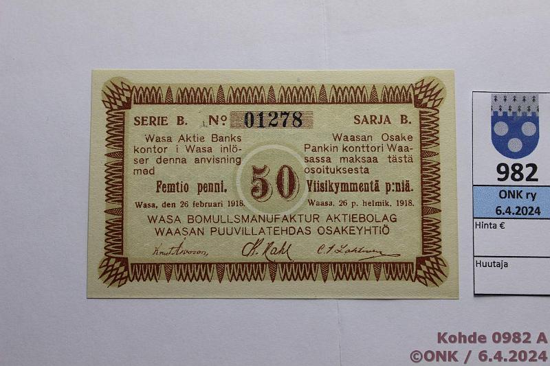 k-0982-a.jpg - Kohde 982 (kuva 1/2), lhthinta: 5 € / myyntihinta: 6 € 50 p 1918 Vaasan Puuvillatehdas OY, Serie B 01278, kunto: 10