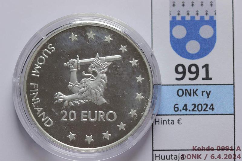 k-0991-a.jpg - Kohde 991 (kuva 1/2), lhthinta: 10 € / myyntihinta: 17 € Suomi 20 € 1996 Ag, Proof, 27g/925, Olavinlinna, kaps, kunto: 10