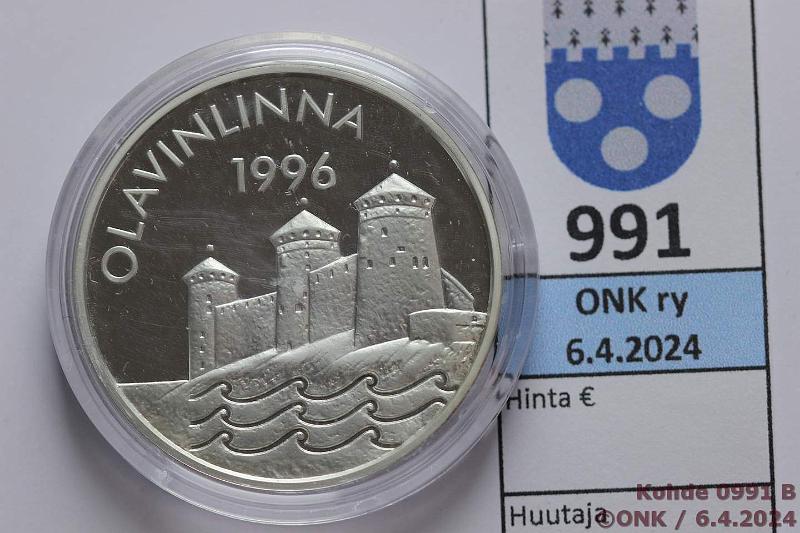 k-0991-b.jpg - Kohde 991 (kuva 2/2), lhthinta: 10 € / myyntihinta: 17 € Suomi 20 € 1996 Ag, Proof, 27g/925, Olavinlinna, kaps, kunto: 10