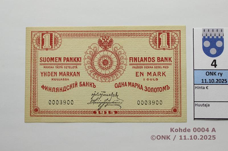 k-0004-a.jpg - Kohde 4 (kuva 1/2), lhthinta: 40 € / myyntihinta: 52 € 1 mk 1915 SNY 111.1 0003900 JR-His, painumia, kunto: 9