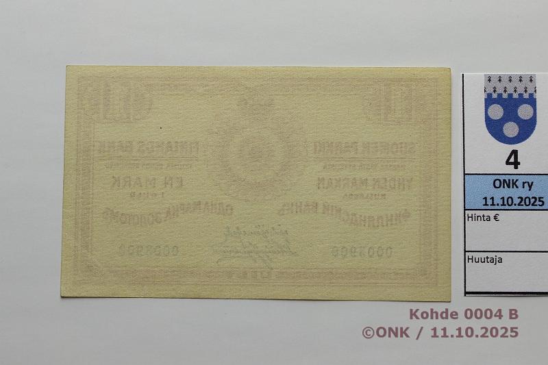 k-0004-b.jpg - Kohde 4 (kuva 2/2), l�ht�hinta: 40 &euro; / myyntihinta: 52 &euro; 1 mk 1915 SNY 111.1 0003900 J�R-His, painumia, kunto: 9