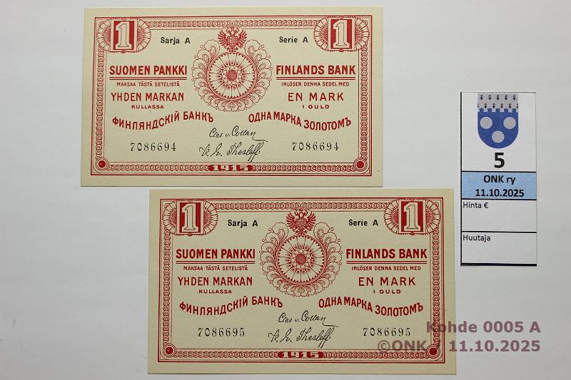 k-0005-a.jpg - Kohde 5, lhthinta: 35 € / myyntihinta: 37 € 1 mk 1915 SA (2) SNY 111.2 7086694-95 COL-The, 2 perk., kunto: 9