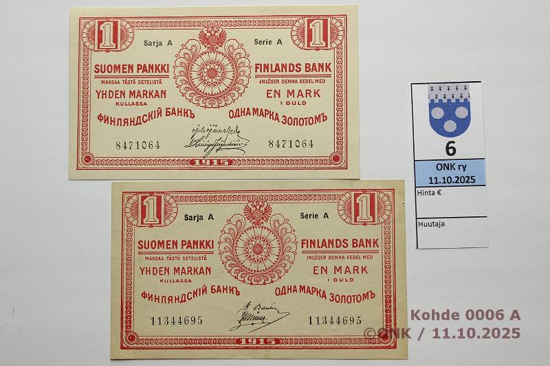 k-0006-a.jpg - Kohde 6, lhthinta: 20 € / myyntihinta: 28 € 1 mk 1915 SA (2) SNY 111.2 8471064 JR-His, 7 n:oa, 11344695 BA I-Ml, 8 n:oa (eprep), kunto: 9, 8