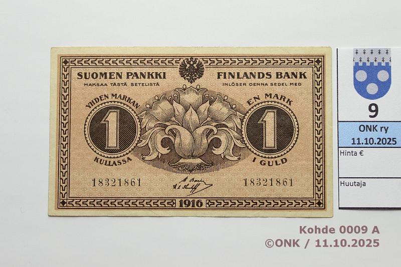 k-0009-a.jpg - Kohde 9 (kuva 1/2), lhthinta: 1200 € / ei tarjouksia 1 mk 1916 SNY 112.2.1 18321861 BA I-The, painettu itsenisyyspivn 6.12.1917, kunto: 5
