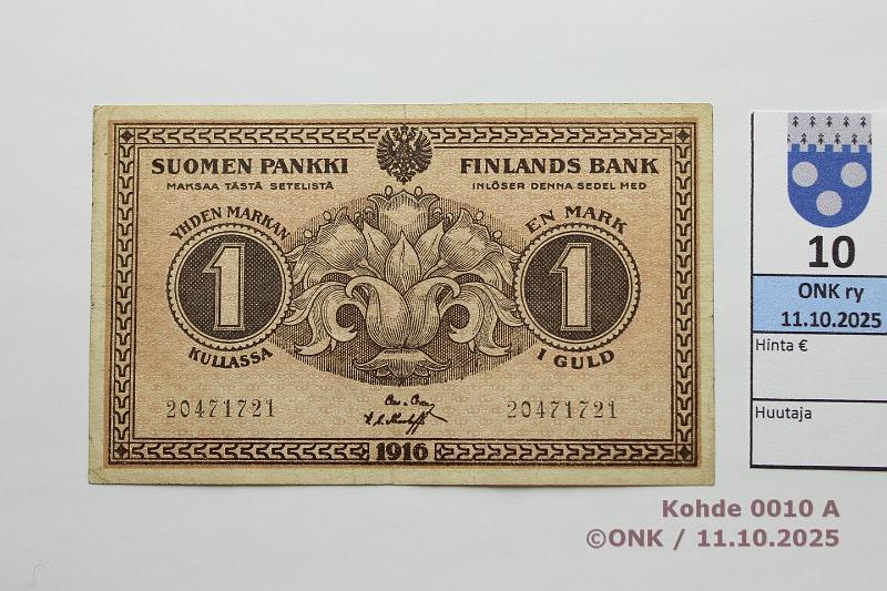 k-0010-a.jpg - Kohde 10 (kuva 1/2), lhthinta: 50 € / ei tarjouksia 1 mk 1916 KV SNY 112.2.3 20471721 COL-The, kunto: 5
