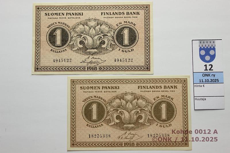 k-0012-a.jpg - Kohde 12, lhthinta: 8 € / myyntihinta: 12 € 1 mk 1918 (2) SNY 113 4945122 BA I-His, 7 n:oa, 18205338 BA I-The, 8 n:oa, kunto: 5, 8