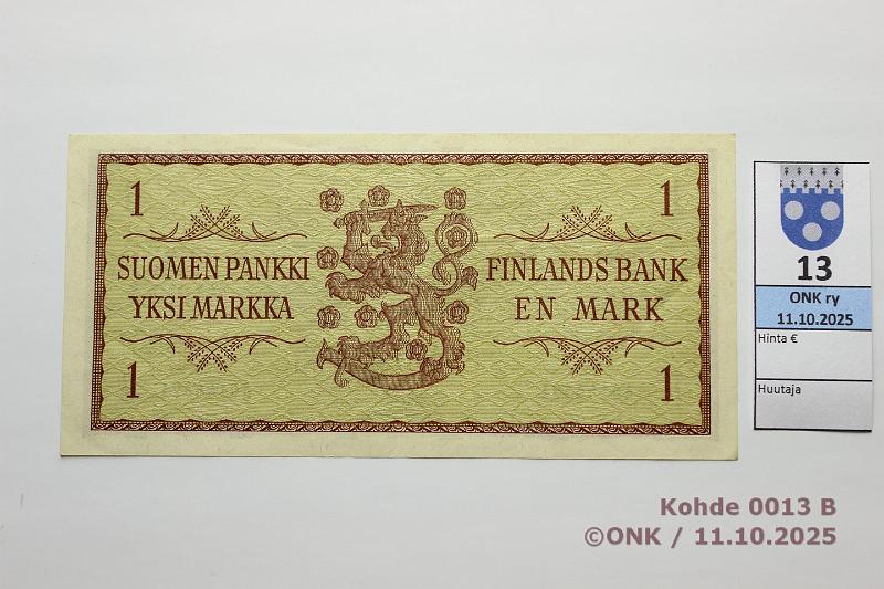 k-0013-b.jpg - Kohde 13 (kuva 2/2), l�ht�hinta: 40 &euro; / myyntihinta: 40 &euro; 1 mk 1963 SNY 114.1.1 A0146391 RO I-Sac, kunto: 5