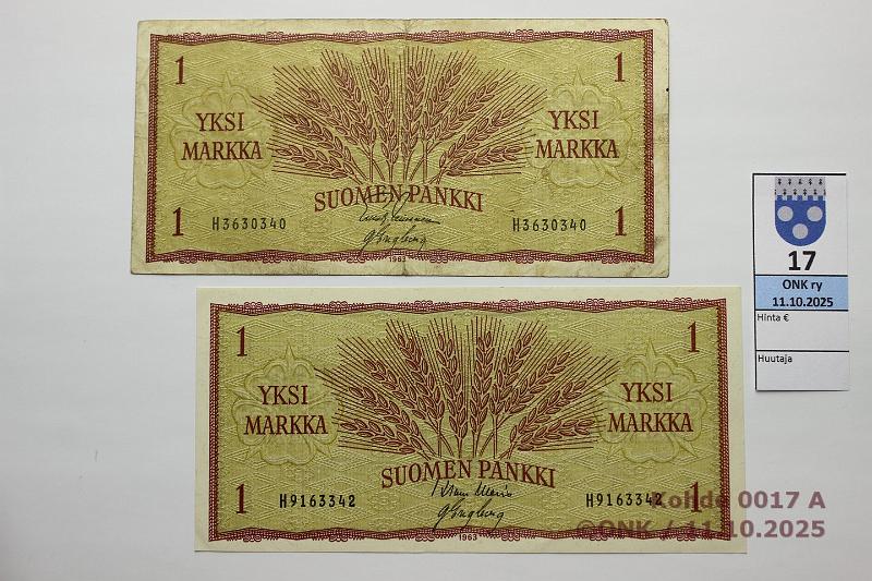 k-0017-a.jpg - Kohde 17, lhthinta: 25 € / myyntihinta: 25 € 1 mk 1963 (2) SNY 114.1.1 H3630340 LEI-Eng, H9163342 WAR-Eng, kunto: 3, 8