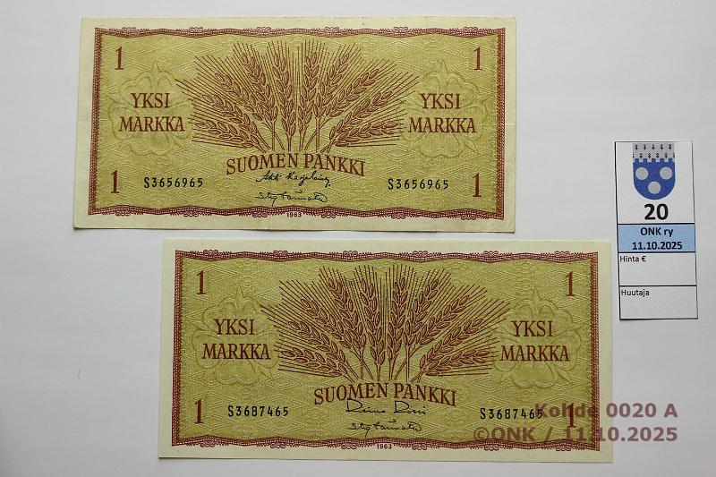 k-0020-a.jpg - Kohde 20, lhthinta: 25 € / myyntihinta: 25 € 1 mk 1963 (2) SNY 114.1.1 S3656965 KA I-Tr (2mm rep), S3687465 RO I-Tr (painumia), kunto: 4, 8