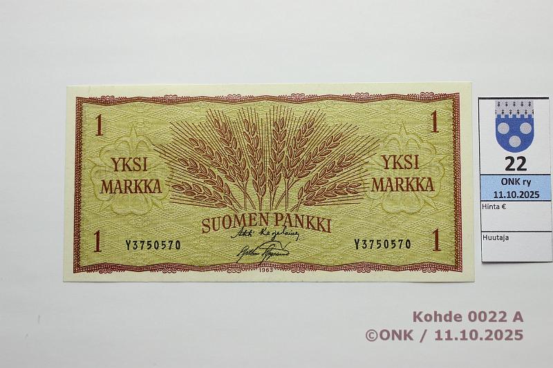 k-0022-a.jpg - Kohde 22, lhthinta: 15 € / ei tarjouksia 1 mk 1963 SNY 114.1.1 Y3750570 KA I-AAs, kevyt vinotaitos, kunto: 8