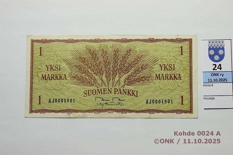 k-0024-a.jpg - Kohde 24, lhthinta: 5 € / ei tarjouksia 1 mk 1963 SNY 114.1.1 AJ0001501 RO II-Tr, tahroja, kunto: 5