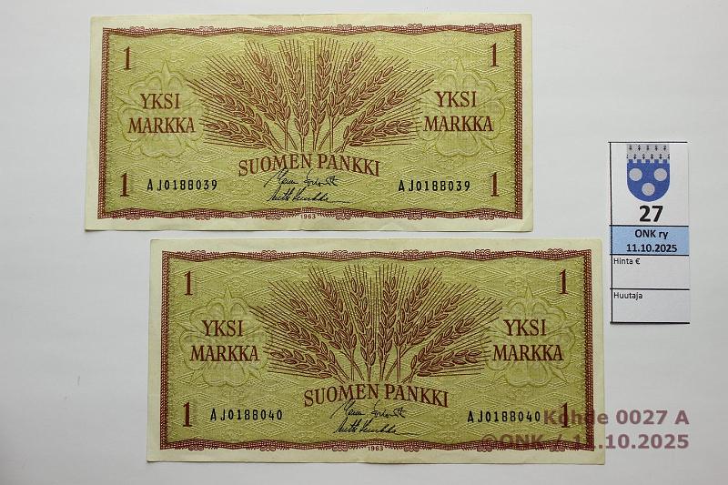 k-0027-a.jpg - Kohde 27, lhthinta: 10 € / myyntihinta: 10 € 1 mk 1963 (2) SNY 114.1.1 AJ0188039-40 KO I-Luu, 2 perk., kunto: 5, 6