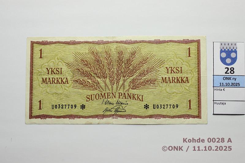 k-0028-a.jpg - Kohde 28, l�ht�hinta: 10 &euro; / ei tarjouksia 1 mk 1963 U* SNY 114.2.3 U0327709* WAR-AAs, korvaava, kunto: 4