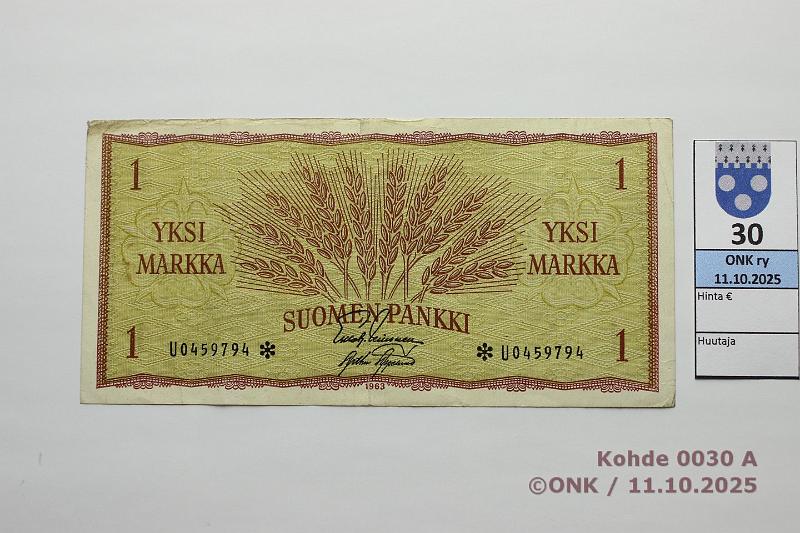 k-0030-a.jpg - Kohde 30, lhthinta: 15 € / ei tarjouksia 1 mk 1963 U* SNY 114.2.3 U0459794* LEI-AAs, korvaava, kunto: 4