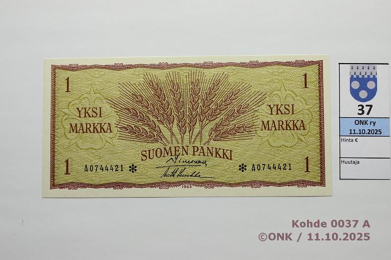k-0037-a.jpg - Kohde 37, lhthinta: 35 € / myyntihinta: 35 € 1 mk 1963 A* SNY 114.2.4 A0744421* SIM-Luu, korvaava, kunto: 9