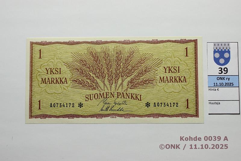 k-0039-a.jpg - Kohde 39, lhthinta: 35 € / myyntihinta: 38 € 1 mk 1963 A* SNY 114.2.4 A0734172* KO I-Luu, korvaava, kunto: 9