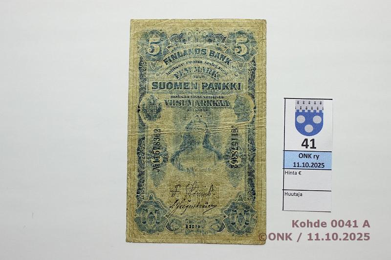 k-0041-a.jpg - Kohde 41 (kuva 1/2), lhthinta: 15 € / myyntihinta: 20 € 5 mk 1897 SNY 129.2.1 11578362 STS-Jg, prep, preiki, kunto: 3