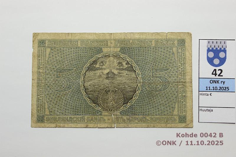 k-0042-b.jpg - Kohde 42 (kuva 2/2), l�ht�hinta: 400 &euro; / myyntihinta: 400 &euro; 5 mk 1909 A SNY 130.2 A 8011454 COL-M�l, rep�, reiki�, km, kunto: 2
