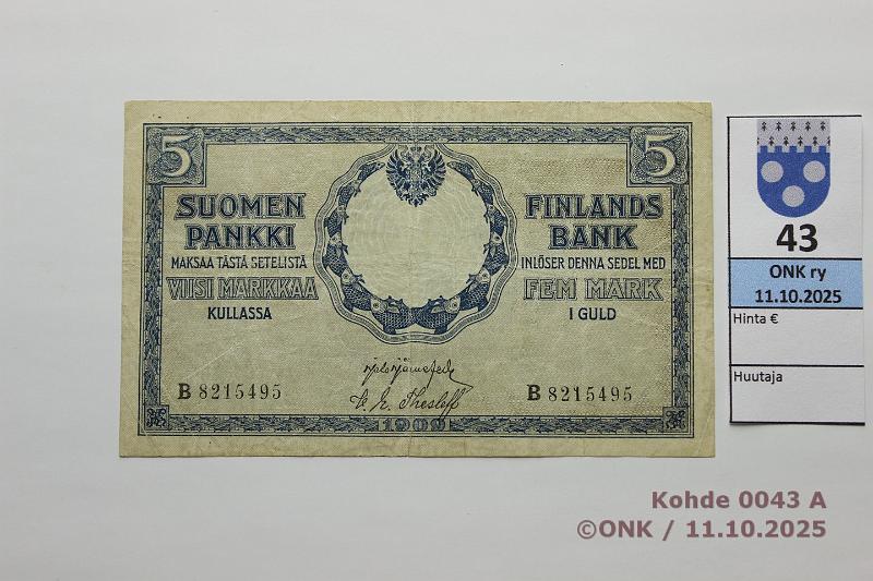 k-0043-a.jpg - Kohde 43 (kuva 1/2), lhthinta: 1200 € / myyntihinta: 1200 € 5 mk 1909 B SNY 130.3 B 8215495 JR-The, prsstty, kunto: 4