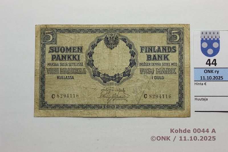 k-0044-a.jpg - Kohde 44 (kuva 1/2), lhthinta: 2500 € / ei tarjouksia 5 mk 1909 C SNY 130.4 C 8294116 JR-His, prep, preiki, km, kunto: 3