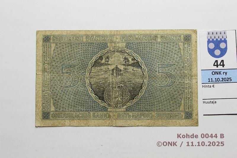 k-0044-b.jpg - Kohde 44 (kuva 2/2), lhthinta: 2500 € / ei tarjouksia 5 mk 1909 C SNY 130.4 C 8294116 JR-His, prep, preiki, km, kunto: 3