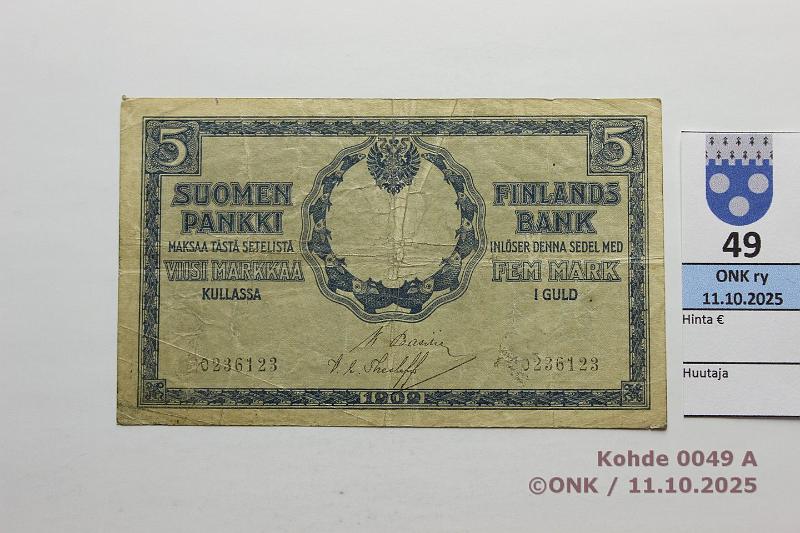k-0049-a.jpg - Kohde 49 (kuva 1/2), l�ht�hinta: 3 &euro; / ei tarjouksia 5 mk 1909 KV SNY 130.7.1 (2)0236123 BA I-The, 1. n:o raaputettu, kunto: 3