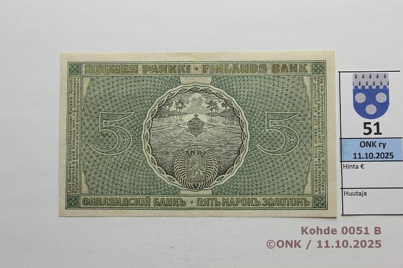 k-0051-b.jpg - Kohde 51 (kuva 2/2), l�ht�hinta: 50 &euro; / myyntihinta: 56 &euro; 5 mk 1909 S II SNY 130.11 2309482 COL-The, kunto: 8